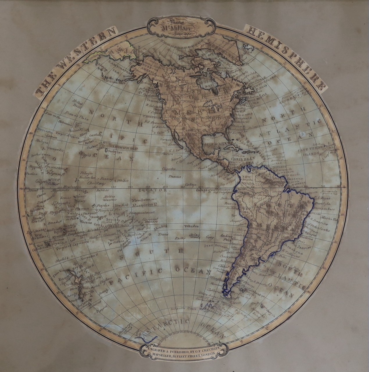 Master McMitlan 1850, pair of engraved maps of the Eastern and Western Hemisphere, published by Cruchley, and hand annotated by McMitlan, ships master, tondo, 36cm